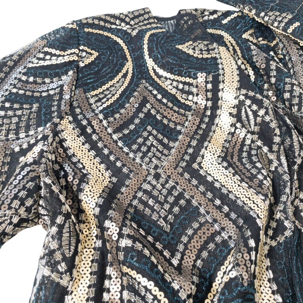 Chico's Sheer Open Jacket Travelers Collection Gold Black Geometric SZ L Sequin - Picture 5 of 11